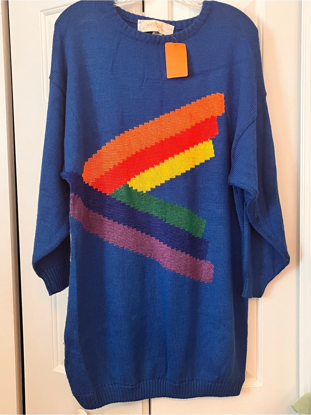 Vintage Gottex Crewneck Sweater Dress with Rainbow Chevron Stripes